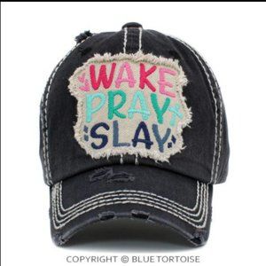 NWT- Womens Distressed Wake Pray Slay Christian Cap
